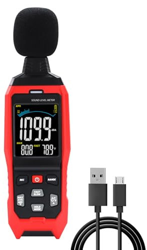 Compteur de décibels avec enregistrement de données, enregistreur de données, compteur de niveau sonore 30 ~ 130 dB avec alarme visuelle sonore, sonomètre avec données d'exportation, connexion PC,