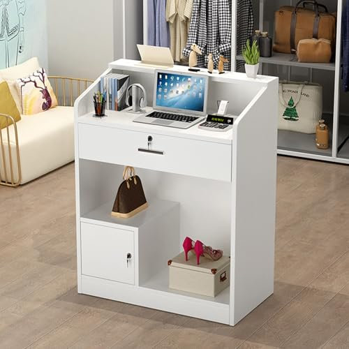 Moderner Rezeptionstheke mit abschließbarer Schublade für Büro, Einzelhandel, Lobby, Schönheitssalon, kleiner Salon, Empfangstresen (Weiß, 60 x 40 x 92 cm)