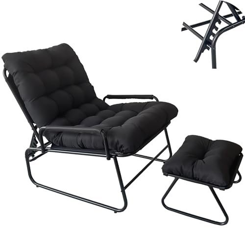 Cozykimo Sessel mit Hocker 160 Kg, Balkonsessel mit Verstellbare Rückenlehne, Gartensessel loungesessel Outdoor, Lounge Sessel Outdoor mit 5 cm Dicker Auflage (Noir)