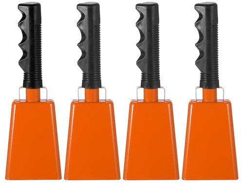 PATIKIL 9inch Cow Bells for Football Games, 4pcs Cowbells for Sporting Events Bulk Loud Noise Makers Metal Cow Bell with Handle for Cheering Competition Marathon Wedding DIY Paint, Orange