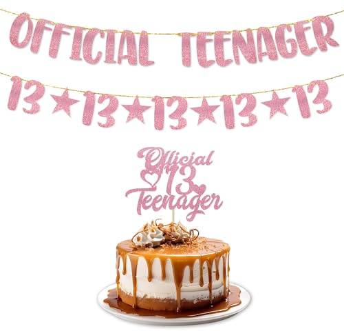 TOYVENTURES 13th Birthday Decorations - Official Teenager Glitter Banner with Number 13 Garland and Cake Topper | Party Supplies, Ideas, Gifts for Girls & Boys | Pre-Strung Reusable Birthday Banner