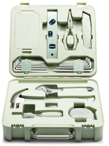 TINKR Modern Tool Box Workstation – Full Tool Set with Hammer, Ratchet Screwdriver, Allen Keys, Wrench, Knife, Tape Measure, Level, Pliers & Phone Holder