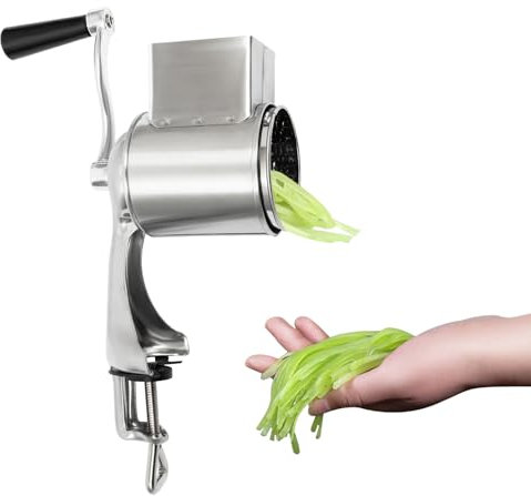Rallador de tambor de acero inoxidable con 5 cuchillas, cortador manual de verduras para queso, pepinos y zanahorias, accionado por manivela + abrazadera de mesa, inoxidable y apto para lavavajillas