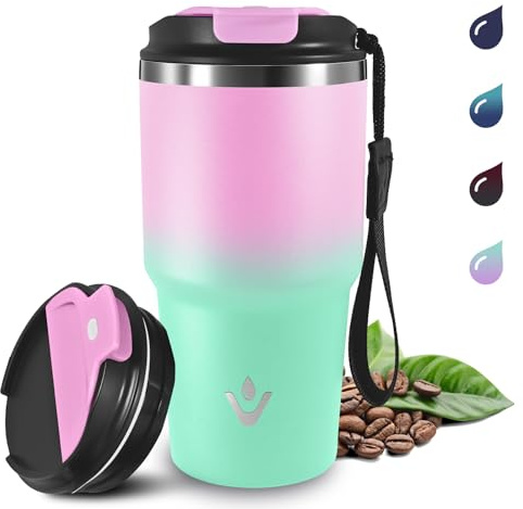 Grsta Thermobecher, 20oz Kafferbecher to Go mit Trageriemen, Auslaufsichere Isolierbecher Vakuumisoliert, Thermobecher, 8h Heiß und 6h Kalt, Trinkbecher Isoliert für Heiß Kaltgetränke