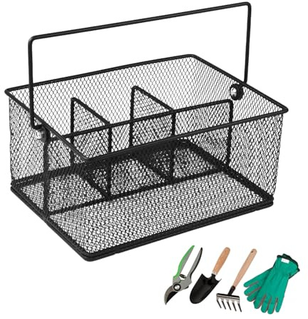 ZoeQide Cesta de metal para herramientas de jardín, resistente al agua, de acero al carbono, con 4 compartimentos y diseño de malla, portátil, resistente a la intemperie, organizador de accesorios de