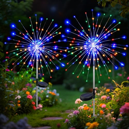btfarm 2 Pack Solar Garden Lights Outdoor 8 Modes, 120 LED Firework Lights Solar Powered, Waterproof Twinkle Fairy Light Outside for Yard Pathway Lawn Pool Patio Christmas Decorative, Multicolor