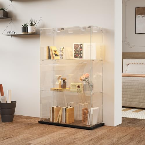 Glasvitrine Standvitrine mit LED-Klopflicht, 124x78.5x35 cm, 3 Lagen Glas Holz Vitrine mit 2 Türen und Schloss, Sammlervitrine Vitrinenschrank aus Gehärtetes Glas, Glasvitrine Stehend für Wohnzimmer
