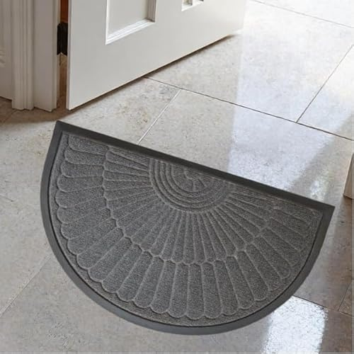 Zerbino semicircolare in tessuto di poliestere con fondo in gomma, spessore 5 mm, antiscivolo, per interni ed esterni, per cucina (grigio, 45 x 75 cm)