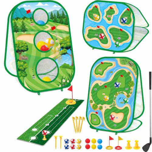 3-in-1 Golf Chipping Training Set for Adults with Club, Putting Mat, Target | Foldable Golf Target Game with Sticky Balls, Practice Flags and Accessories for Indoor, Garden and Party Use