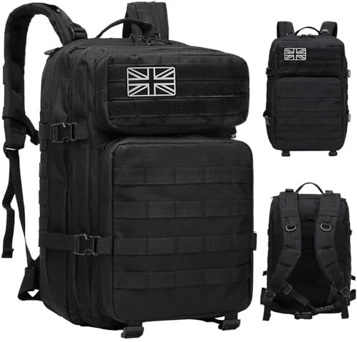 HANWELL 45L Military Tactical Backpack, Molle Army Assault Pack 3 Day Bug Out Bag Rucking Backpack for Outdoor Sports Trekking Hiking Travel Camping Hunting Rucksack with 3 Flag Patches