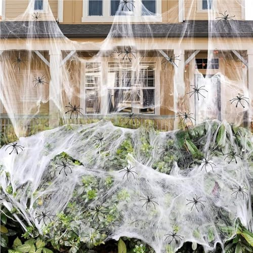 Skyearman Halloween Decoration Exterieur, Set de Toile D'araignée Halloween, 300g Toiles D'araignée+60 Fausses Araignées pour Halloween Carnaval Soirée