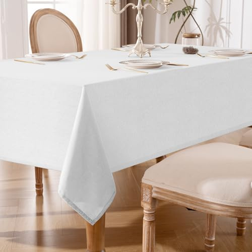 Tischdecke Abwaschbar Weiß – 130x160cm Tischtuch aus Polyester in Leinenoptik, Wasserabweisend mit Lotuseffekt, Kratzfest und Pflegeleicht für Wohnzimmer, Esszimmer, Balkon & Garten