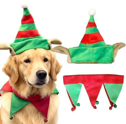 LaVenty Weihnachtsmütze für Hunde, Glockenschal, Elfen-Kostüm für Welpen, Katzen, Hunde, Party-Outfit, Rot und Grün, Größe L