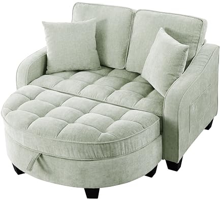 Bäddsoffa med sovfunktion och justerbart ryggstöd, 2-sits hopfällbar soffa med halvrund fotpall, sidofickor, fotpall med förvaringsutrymme, 129 x 132 x 93 cm, HNDE202511107 (grön)