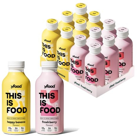 yfood Happy Banana & Fresh Berry, meal replacement, 12 x 500ml | Tasty meal replacement for stressful days with 30 g of protein, 26 minerals and vitamins.