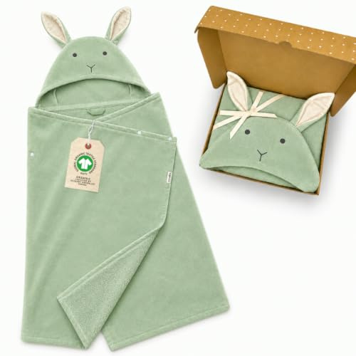 DIKOS Kapuzenhandtuch Baby 70x140 cm, Babyhandtuch, Badeponcho | 100% Bio-Baumwolle Frottee/Velours (GOTS & OEKO-TEX), Babyhandtuch mit Hasenohren – Geschenk zur Geburt Junge Mädchen, Mint