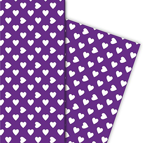 Kartenkaufrausch Romantisches mit großen Herzen Geschenkpapier Set als edle Geschenkverpackung, 4 Bögen, 32 x 48cm Dekorpapier, Musterpapier zum Einpacken, basteln, scrapbooking weiß auf lila