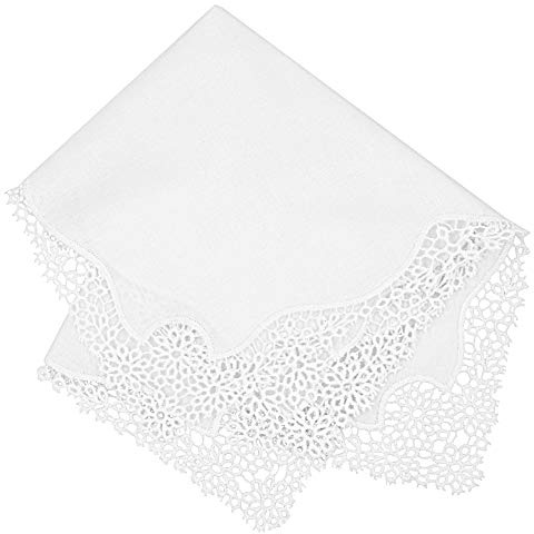 Milesky White Wedding Handkerchief Pure Cotton, Soft Ladies Hanky with Crochet Lace CH03