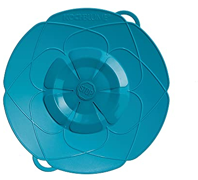 Kochblume the original, silicone boil over protection for pots and pans, microwave lid, splash guard and steam cooker attachment, set with zip pocket in the pink box., turquoise, M | Topfgröße 14-20cm