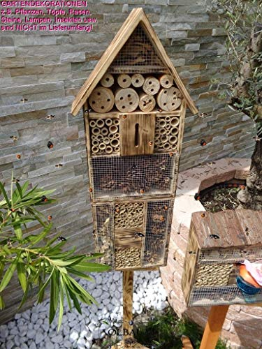 1x XXL insektenhotel, Bienenhaus Spitzdach HOCH, mit Standfuß UND TRÄNKE insektenhotel Holz Nistkasten GEFLAMMT-schwarz-, Natur-HOLZFARBEN