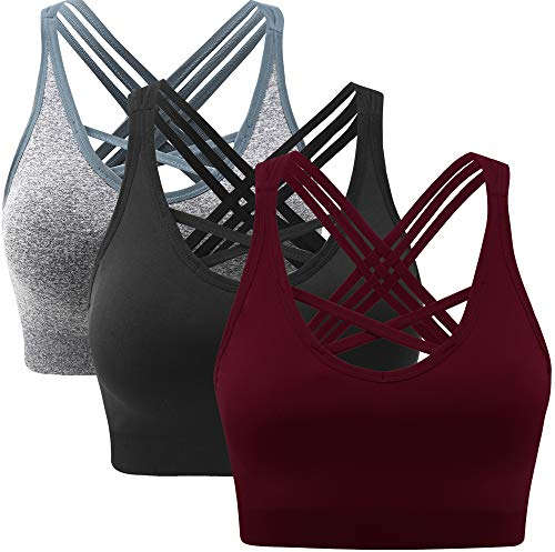 ANGOOL Damen Sport BH ohne Bügel Gepolstert Yoga Bra Kreuz Rücken Sport Bustier für Jogging Fitness , Schwarz+grau+weinrot , L