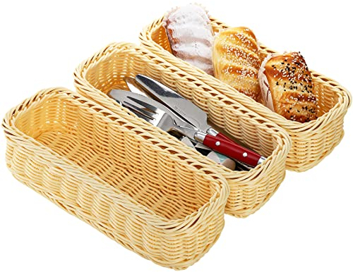 Okllen Lot de 3 corbeilles à pain rectangulaires en imitation rotin, 27,9 cm, paniers de service longs tissés pour organiser les fruits, les légumes, le service de restaurant, la table, beige