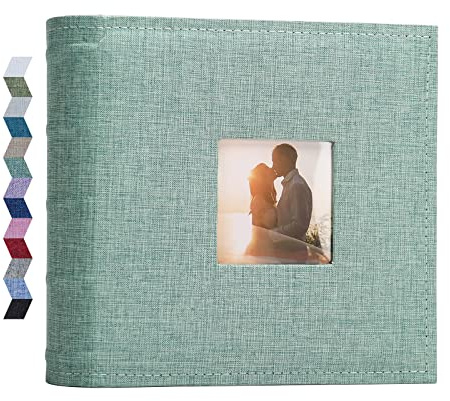 Vienrose Fotoalbum 10x15 200 Taschen Leinen Einband Grün | Schreibbereich, personalisiertes Fenster, Seitentaschen, säurefrei & PVC-frei, Hochzeits-, Baby- und Urlaubserinnerungen