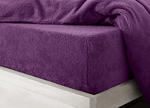 Velosso Super Soft Teddy Bear Plain Thermal Warm Fitted Sheet Fleece Plush Fluffy Extra Deep Sheet Purple - Double Bed