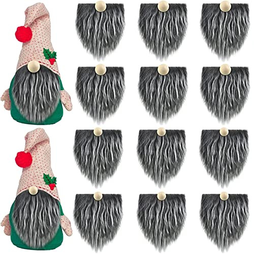 runrayay 12 Pezzo di Barba da Gnomo Pretagliata per L'Artigianato, Barba Nana Fatta A Mano in Tessuto di Pelliccia Sintetica Grigia con 12 Naso di Palline di Legno per Decorazioni per La Casa del