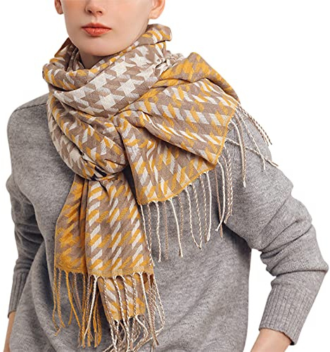 Camilife Damen Großer Schal Lange Schal aus Kaschmirimitat Breite Umhängetuch Shawl mit Fransen Damenschal Webschal Warm für Winter Klassisch Houndstooth + Kariert Muster 70×180cm
