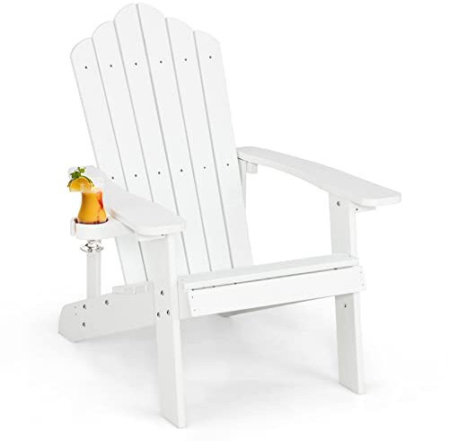 COSTWAY Silla Adirondack con Portavasos, Sillas para Hogueras, Resistente a la Intemperie, Grano de Madera Realista, Facíl de Montaje, Silla de Exterior para Patio, Jardín, Terraza (Blanco)