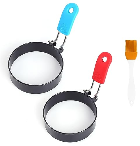 ATBUSS 2 anillos de tortilla de acero inoxidable, 1 pincel de aceite con mango de silicona, anillos redondos para huevos redondos, molde antiadherente, herramienta de cocina