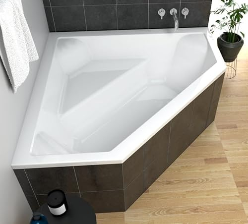 ECOLAM Badewanne IRMA 140 x 140 cm | ausgefallene Wanne Eckwanne Eckbadewanne + Styropor Wannenträger befliesbar symmetrisch Acryl weiß Ablaufgarnitur Ab- und Überlauf Automatik Füße Silikon