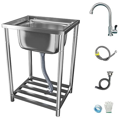 Lavello in Acciaio Inox 1 Vasca, Lavello da Cucina Autoportante con Rubinetto, Lavandino Commerciale, Lavatoio, per Cucina, Ristorante, Caffè, Garage, Interno, Esterno (42x37x78cm)