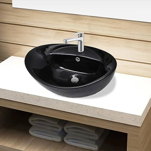 Homgoday Rubinetto per lavabo da bagno in ceramica/foro di troppopieno ovale nero, lavello da appoggio, lavello per lavabo per lavabo da bagno, lavello da bagno per piccolo guardaroba bagno