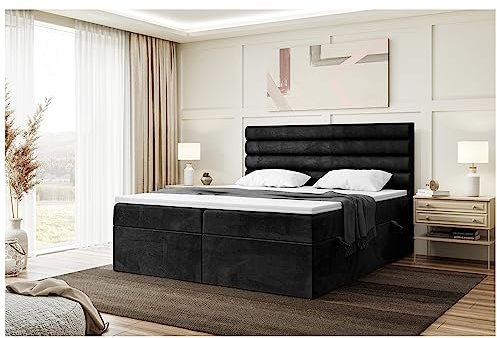 MEBLINI Boxspringbett mit Bettkasten - Gepolstert Doppelbett mit Matratze und Topper - Polsterbett mit Stauraum - Bett mit Kopfteil - Stauraumbett - Karim - 180x220 - H4/Schwarz Samt