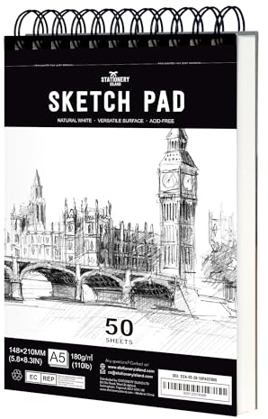 STATIONERY ISLAND Skizzenbuch, A5 Zeichenblock 180 g/m² Dickes Papier, 100 Seiten / 50 Bögen Spiralgebundenes DIN Sketchbook 1 Packungen