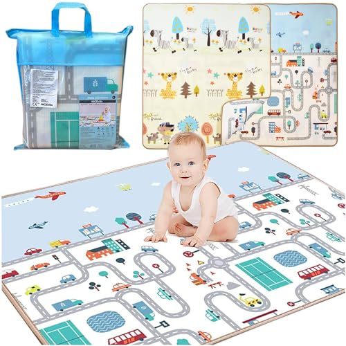 NICEkids Faltbare Matte für Babys | Zweiseitige Schaumstoffmatte für Kinder, Babymatte, Kindermatte, Baby Spielmatte, große Spiel- und Krabbelmatte, leicht und sicher | Tiger & Straßen, 150x180 cm
