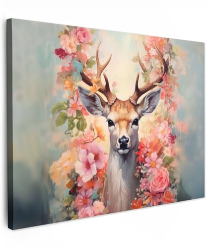 MuchoWow© Leinwand Deko Schlafzimmer Aesthetic Leinwandbilder Wohnzimmer | 80x60 cm - Gemälde Foto Geschenk Living Room Decoration Hirschkopf Wanddeko Hirsch Bild - Reh - Blumen - Rosa