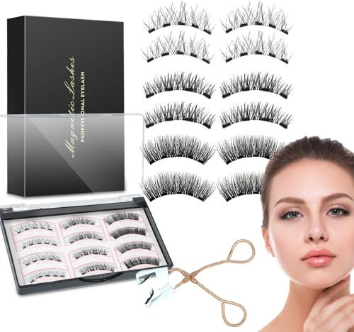Ciglia Finte Magnetiche, Ciglia Magnetiche Riutilizzabili, Kit di Estensione per Ciglia Finte Doppie 3D 5D Potenziate con Pinzette Applicatrici, Facili da Indossare, Senza Colla - 6 Paia