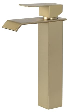 PHASAT Wasserhahn Bad Hoch, Wasserfall Waschtischarmatur Hoch mit Auslauf Höhe 205 mm, Moderner Mischbatterie Waschbecken für Aufsatzwaschbecken, Gebürstetes Gold PTMP18G