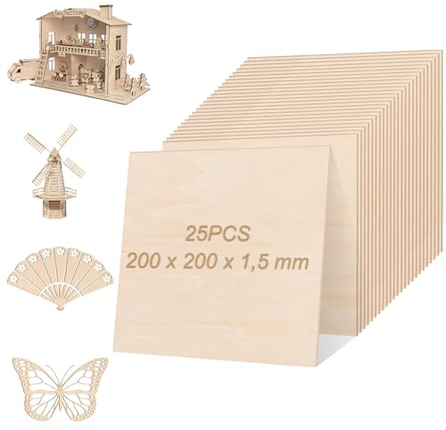 WOPPLXY 25 Stück Sperrholzplatte, Lindenholz 200 x 200 x 1,5 mm, Holzplatte für Laserprojekte, Gemälde, DIY Modell, Handwerk