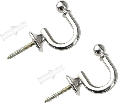 2 Tie Backs Hooks, Silver Metal Ball End U-Shaped Curtain Holdbacks Wall | Heavy duty construction, screw mounting hardware, versatile hanging options, corrosion resistant finish, installed bracket
