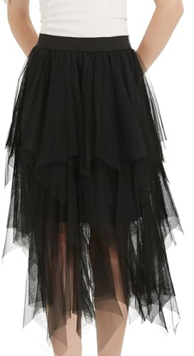 Soudittur Falda Tul Mujer Tutu Irregular Bajo la Falda Plisado A-Line Midi Larga Falda Costumes de Carnaval Halloween(Negro)