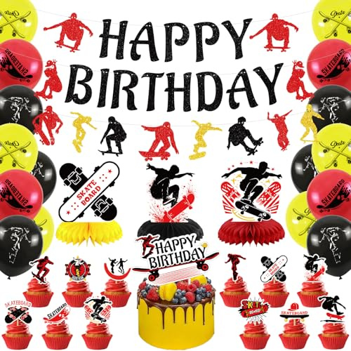 Obussgar Skateboard Birthday Party Decorations - Skateboard Party Supplies including Banner, Cake Toppers, Table Centerpieces, Balloons for Skateboard Party Decorations (LQ)