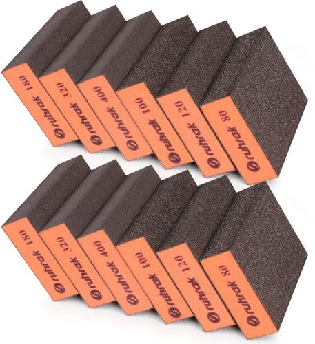 Sruhrak Blocco Abrasivo 12 Pezzi Spugne Abrasive Dure, 2X Grana 80/100/120/180/320/400 Tamponi Abrasivi Riutilizzabili Bagnati e Asciutti per Legno, Plastica, Cartongesso e Metallo Polis