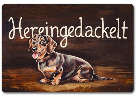 speecheese Hereingedackelt Fußmatte in 40x60 cm ohne Rand mit Dackel Aquarellgemälde-Stil auf hölzernem Hintergrund Mit Halsband geschwungener Schriftart Stilvoll dunkler Charme für Ihr