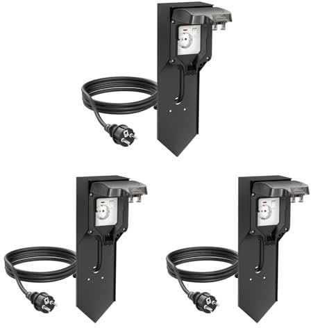 ledscom.de 3 pièces Colonne de Prises POXO avec Piquet de Terre et 2m de câble pour l'extérieur, IP65, 1x, Noir, carré, 40cm