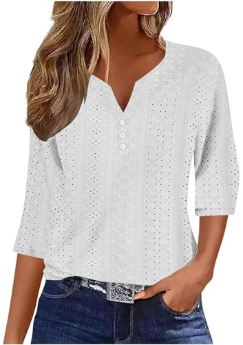 Top da Donna Casual Ampio e Largo Scollo a V Maniche a 3/4 Maniche a Tre Quarti Magliette Donna Manica Corta Tinta Unita Cotone T-Shirt Cotone Elegante Stretch Sciolto Top Casual Bluse Basic Estive