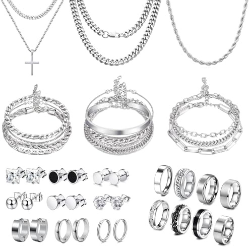 FEYIR 33 Pieces Stainless Steel Jewelry Set for Men with Ring, Cuban Bracelet, Bracelet, Stud Earrings